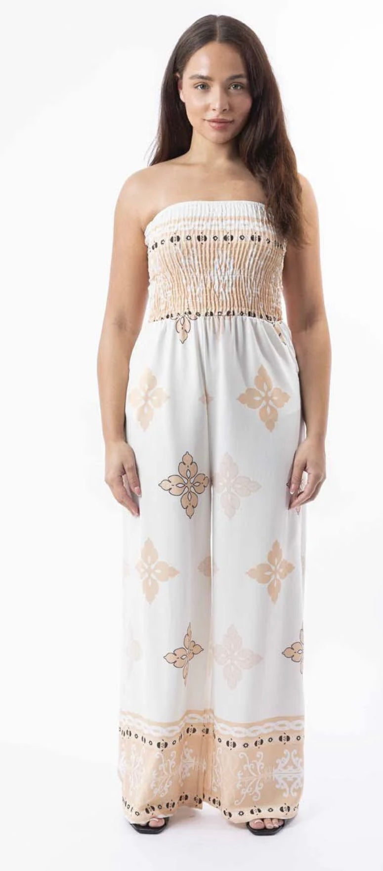 Beige and white pattern jumpsuit