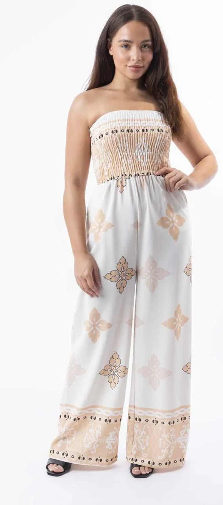 Beige and white pattern jumpsuit