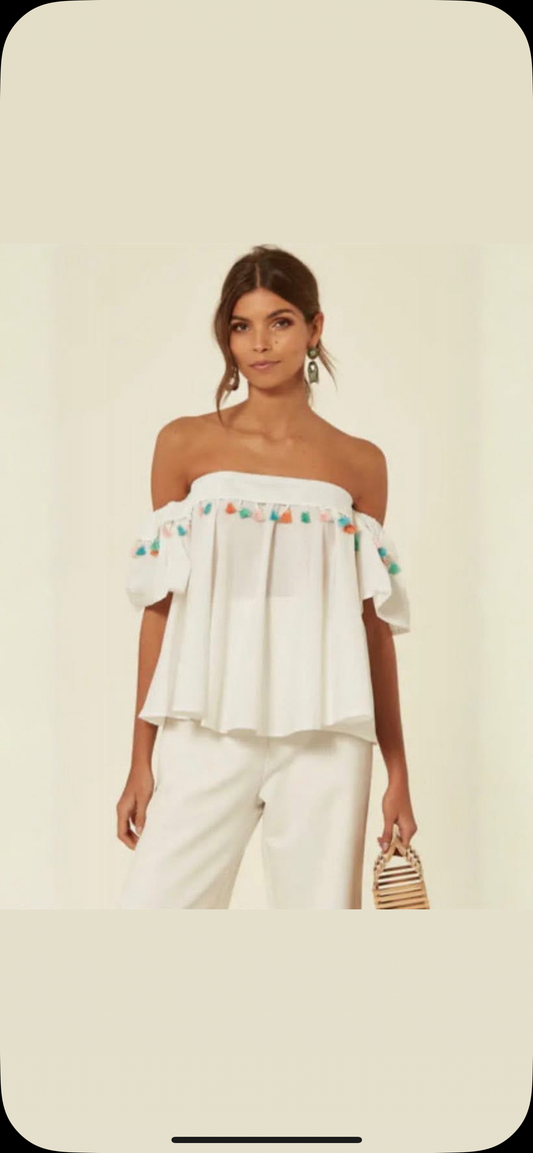 White tassel Bardot shirt