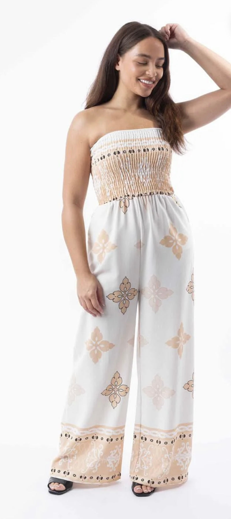Beige and white pattern jumpsuit
