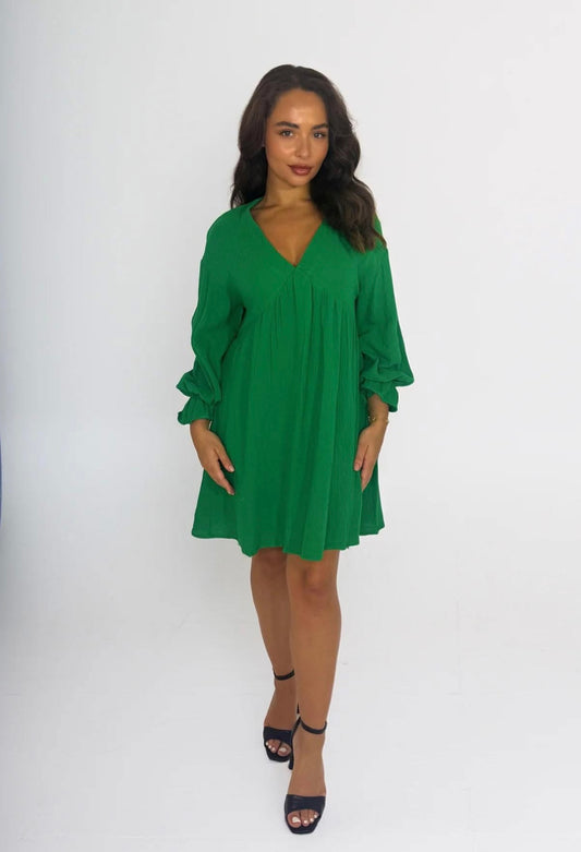 Green cheesecloth v cut long sleeve dress