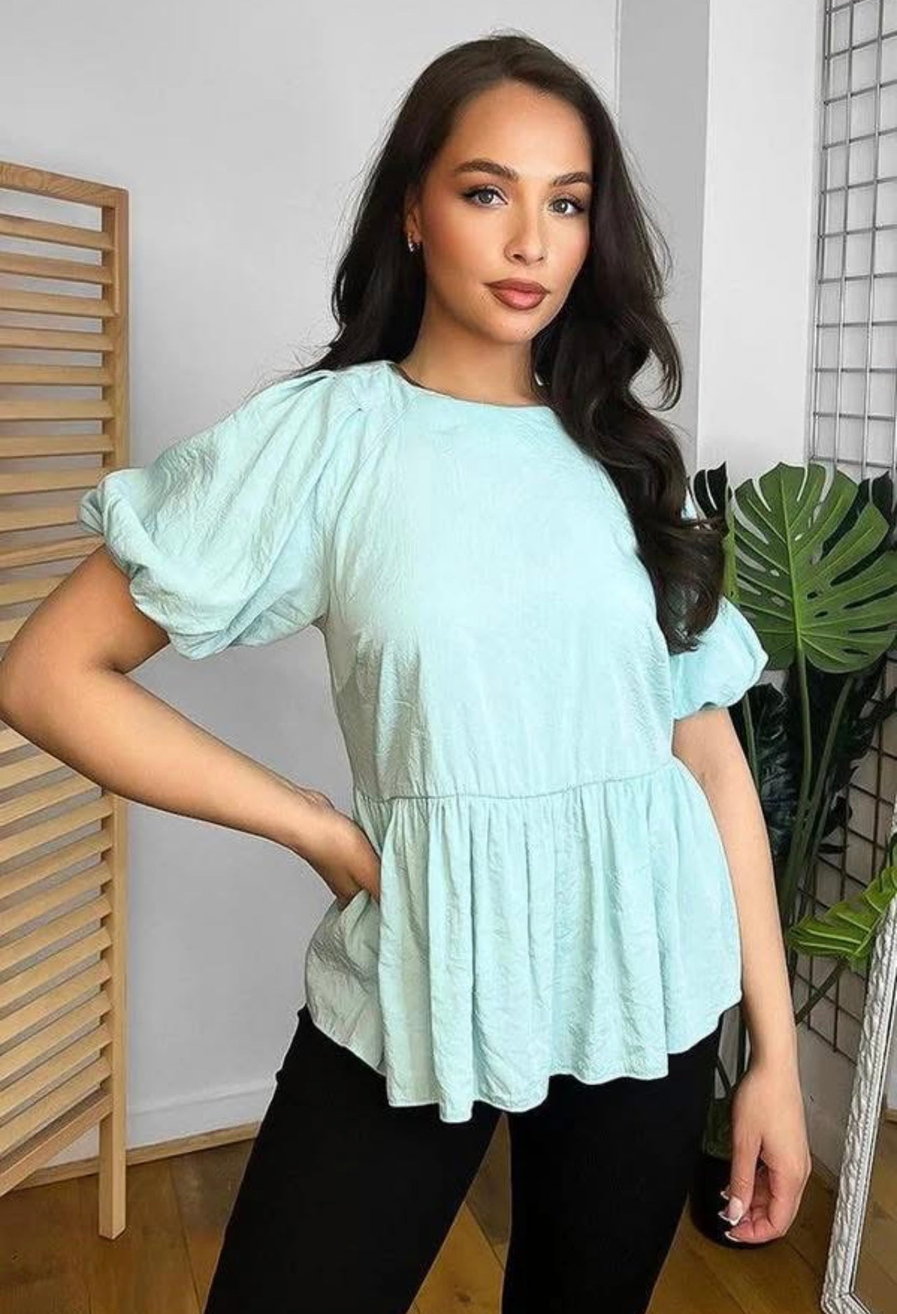 Aqua peplum tie back blouse