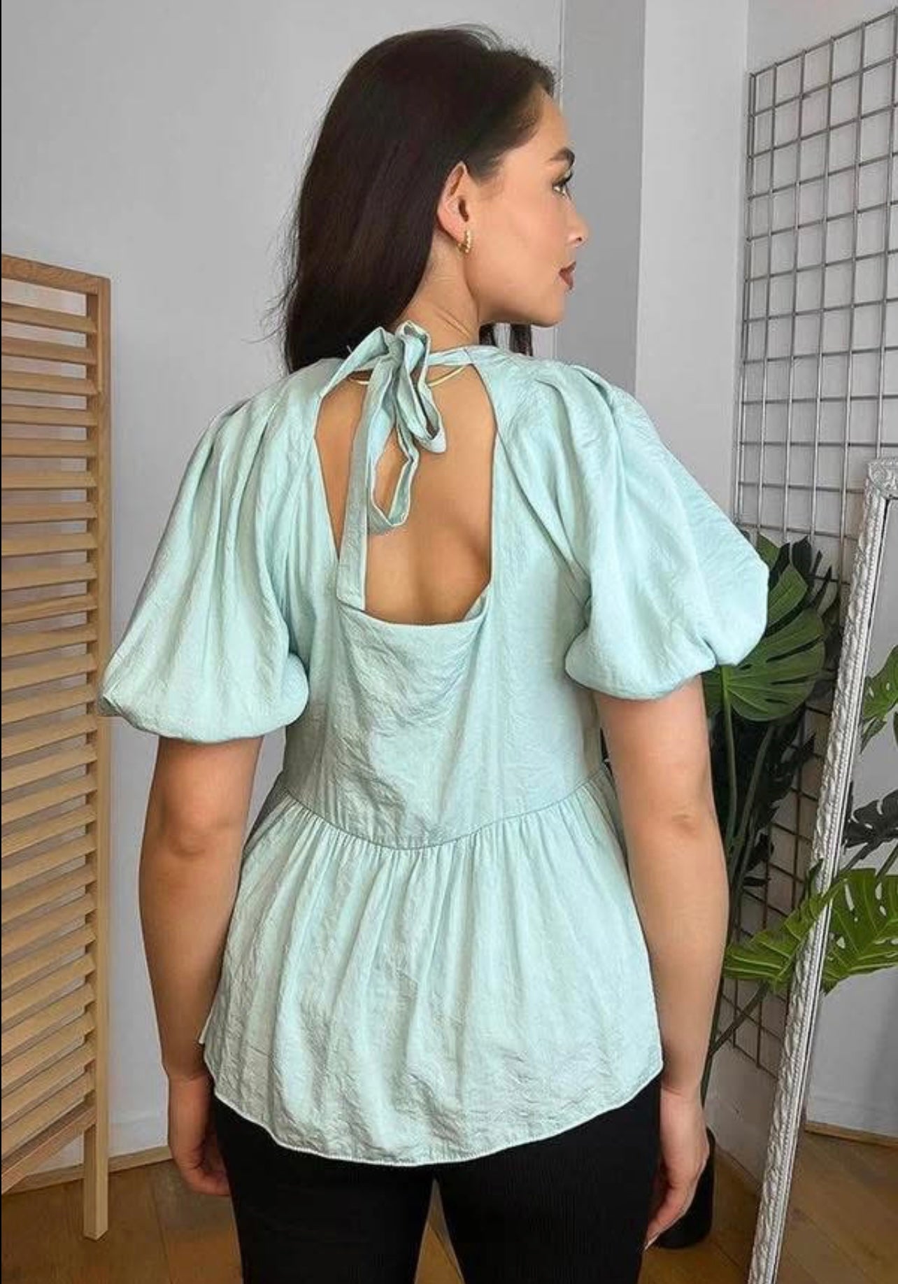Aqua peplum tie back blouse