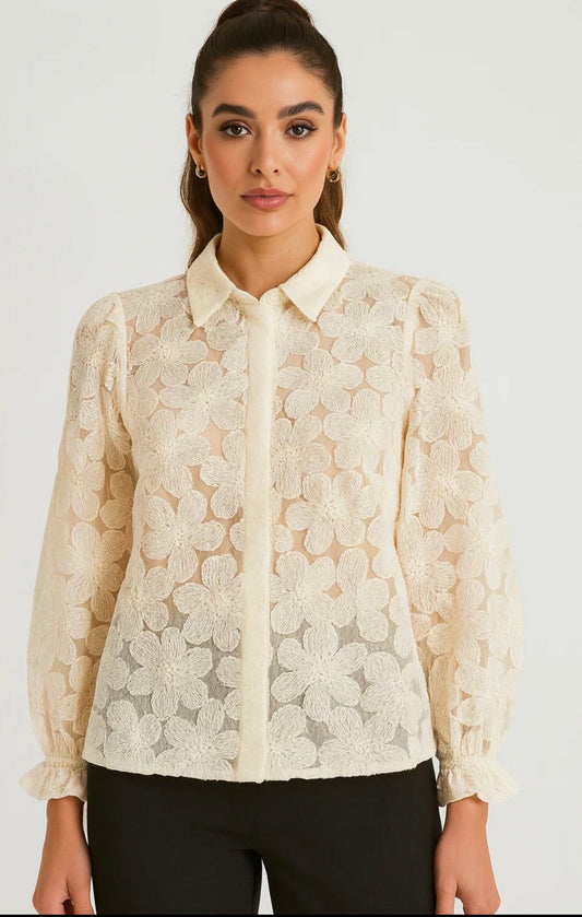 Floral embroidered button down blouse