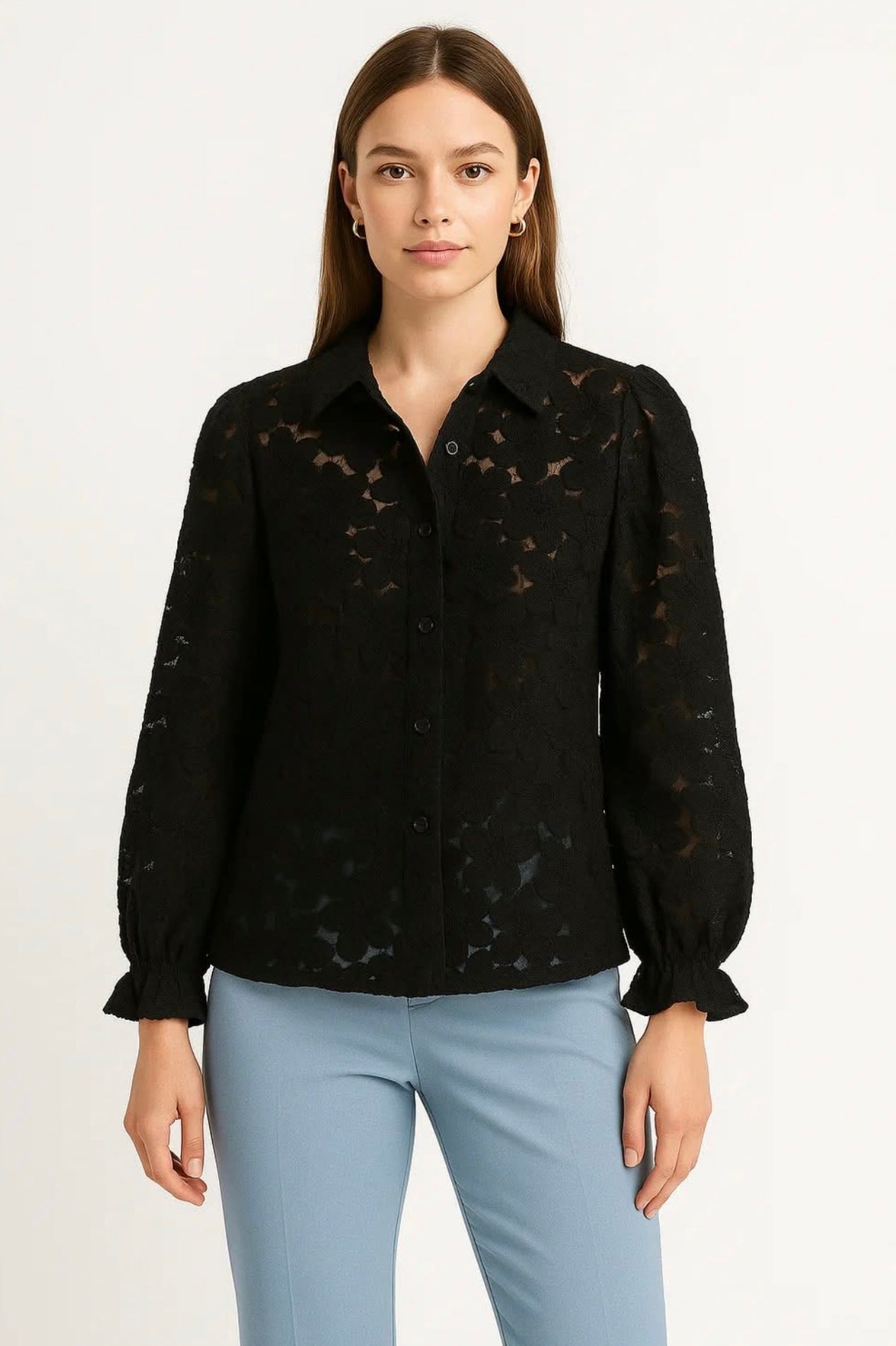 Floral embroidered button down blouse